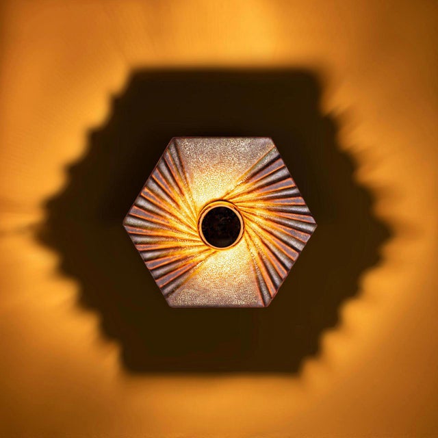 Hexagonal Wall Lamps in Blue, Green and Golden Ceramic from Hustadt Leuchten, Germany, 1970s, Set of 3 For Sale - Image 4 of 12