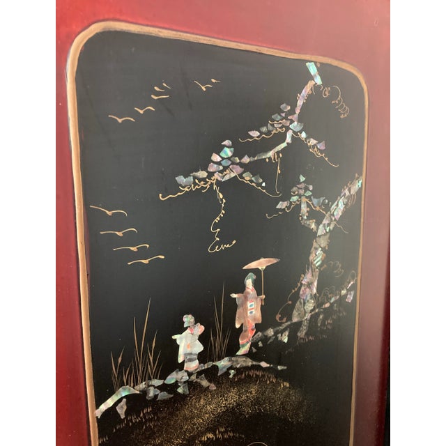 Wood Vintage Tabletop Ebonized Wood & Inlaid Mother-of-Pearl Chinoiserie Folding Screen for Palm Beach Regency, British Colonial & Traditional Decor For Sale - Image 7 of 12
