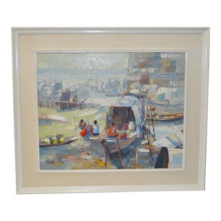 Mid Century Modern Indonesian Boat Village Impasto Palette Knife Oil Painting C.1950 For Sale