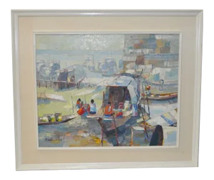 Mid Century Modern Indonesian Boat Village Impasto Palette Knife Oil Painting C.1950