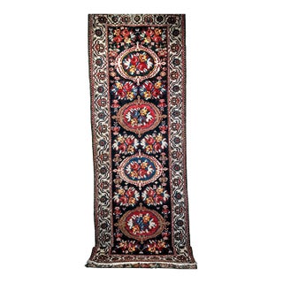 Vintage Persian Bakhtiari Wide Runner, Handwoven Wool, Floral Bouquet Design, Navy & Red, 4x13 For Sale