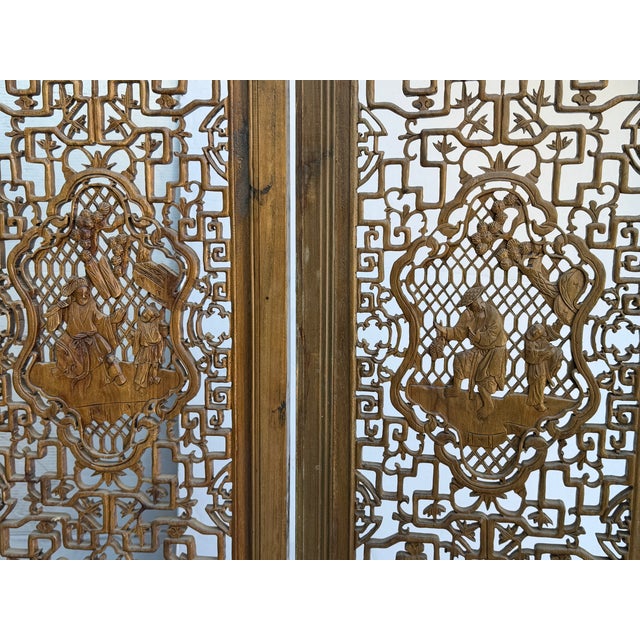 Vintage Finish Openwork Figural 4 Panels Wood Floor Screen Room Divider For Sale - Image 11 of 11
