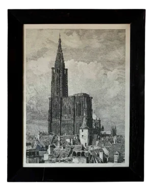 Strasbourg Cathedral, 1800s, Large Engraving, Framed