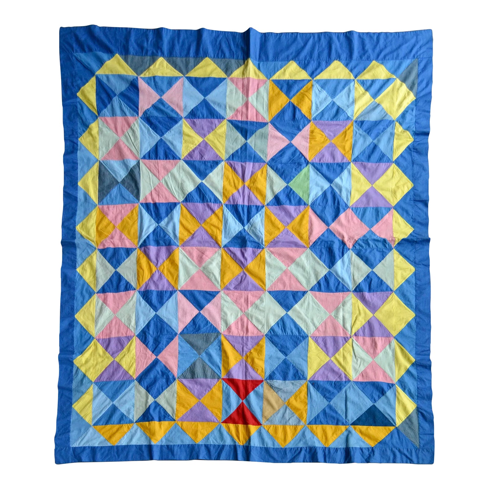Couette Vintage Cousue Main Années 90 - Motif Triangles Et Carrés - Tissu Rétro 70x58