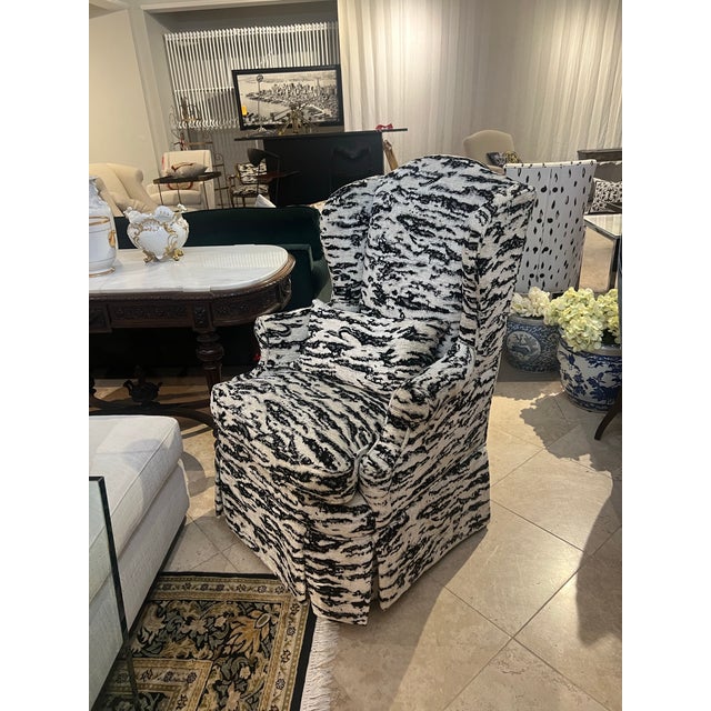 English Pair of Antique Wing Chairs, Not Identical Upholstered in F.Schumacher Serengeti Fabric For Sale - Image 3 of 8