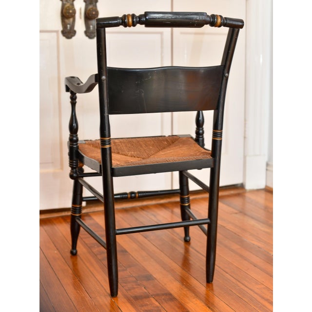 Vintage Hitchcock Black Painted Armchair With Rush Seat For Sale - Image 4 of 8