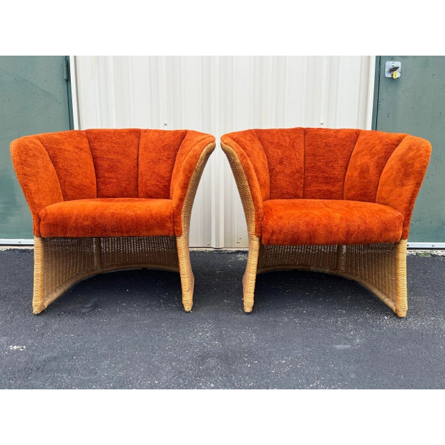 1960's Sculptural Rattan Barrel Chairs in Original Orange Chenille- A Pair For Sale - Image 12 of 12