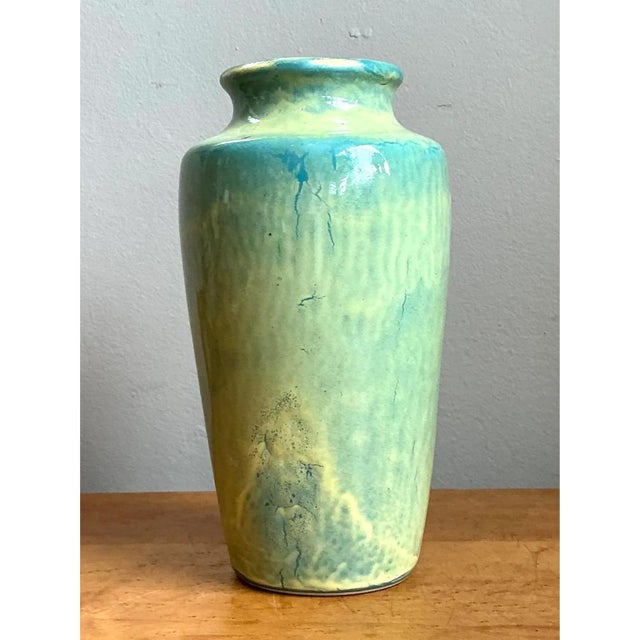 Vintage Blue and Yellow Glazed Ceramic Vase For Sale - Image 4 of 12