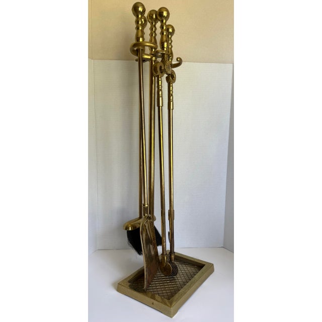 Vintage Brass Five-Piece Fireplace Tool Set With Ball Finial Handles For Sale In Los Angeles - Image 6 of 12