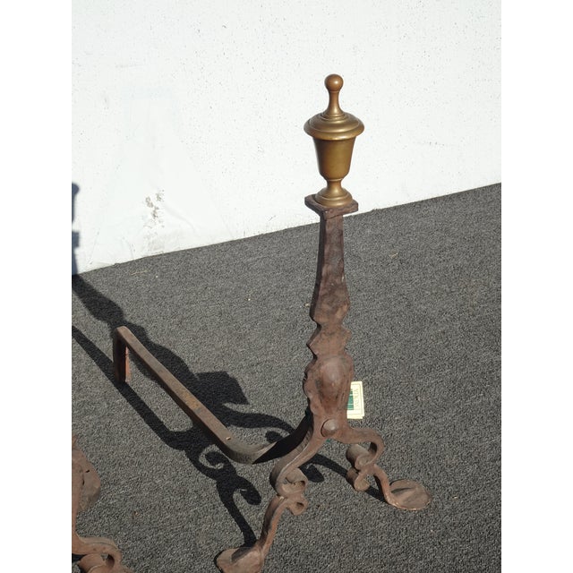 Metal Pair Antique Hand Forged Wrought Iron Andirons W Brass Finials For Sale - Image 7 of 12
