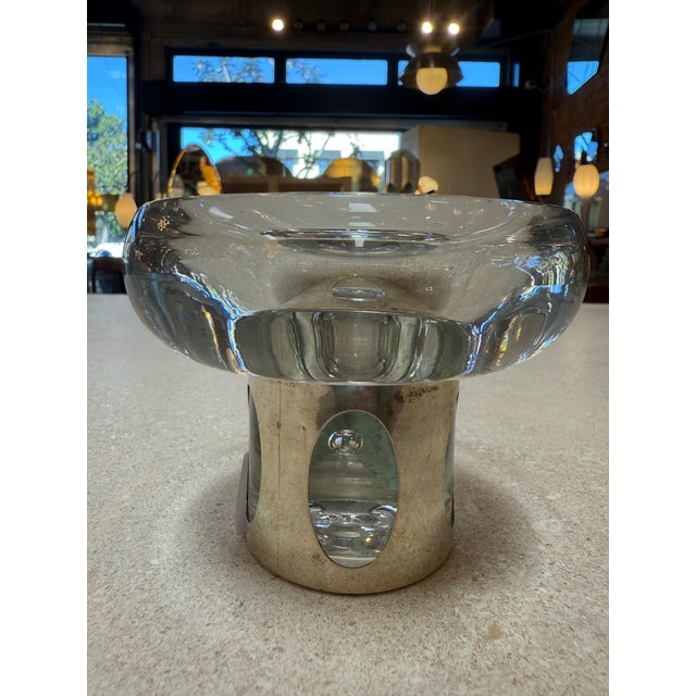 Sculptural Italian ashtray from the 1970s featuring a thick, hand-blown Murano glass bowl set on a cylindrical base...