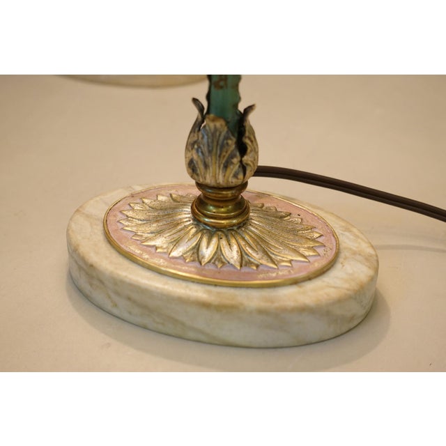 Metal 1930s Matched Pair Art Deco French Empire Ornate Brass Travertine Marble Candlestick Table Lamps For Sale - Image 7 of 10