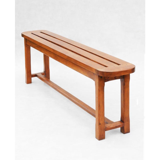 Vintage French Provincial Slatted Pine Bench, 1980 For Sale - Image 4 of 9