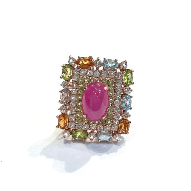 English Bochic “Orient” Vintage Diamond, Ruby & Multi Sapphire Ring Set In 18K Gold&Silv For Sale - Image 3 of 13