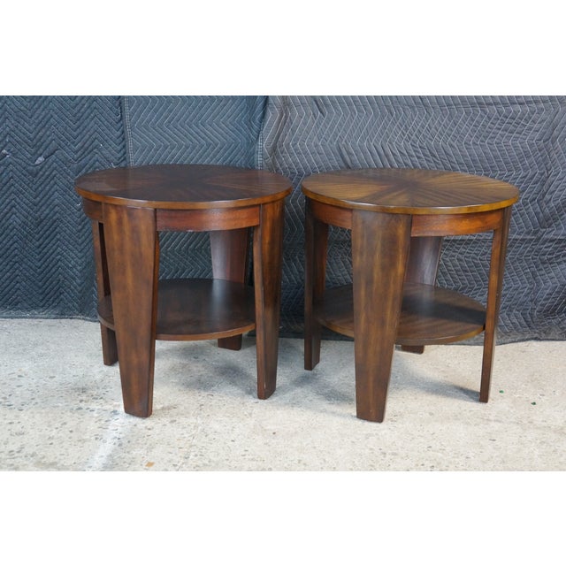 Late 20th Century 2 Hammary Acacia Round Modern Tiered End Tables Nightstands Sunburst Top Pair For Sale - Image 6 of 18