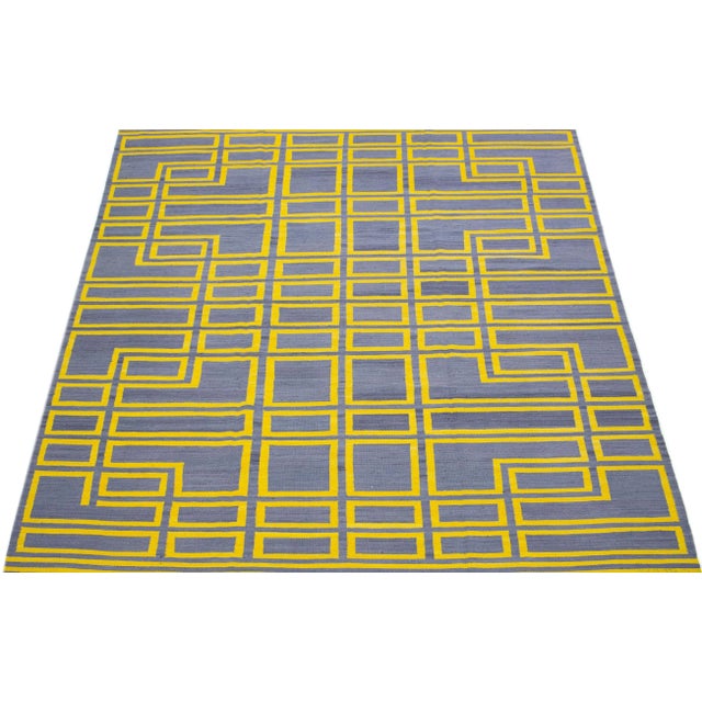Contemporary 2020s Gray & Yellow Flatweave Kilim Turkish Wool Rug With Geometric Motif For Sale - Image 3 of 7