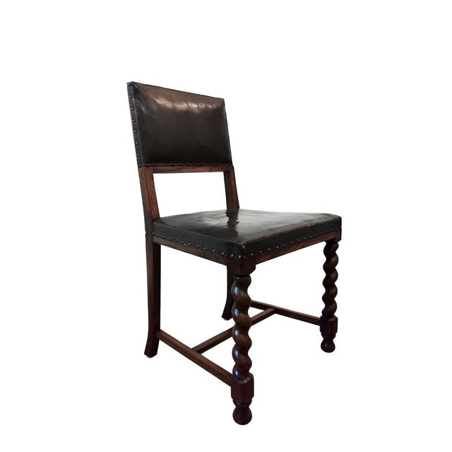 Antique Leather and Oak Studded Back Chairs, 1890s, Set of 3 For Sale - Image 4 of 5