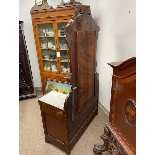 Early 20th Century Early 1900's Antique Mirrored Vanity Dresser, Handcarved Walnut, Marble Topped For Sale - Image 5 of 10