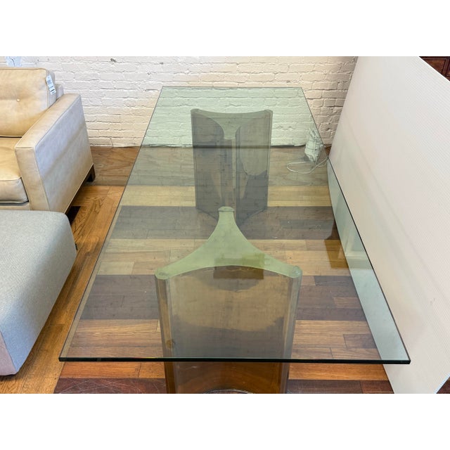1970s Attributed Mastercraft Trilobi Brass Double Pedestal Glass Dining Table, 1970s For Sale - Image 5 of 12
