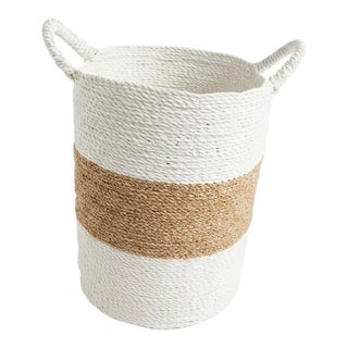 Vintage Coastal Two-Tone Woven Seagrass & Rope Storage Basket With Handles For Sale