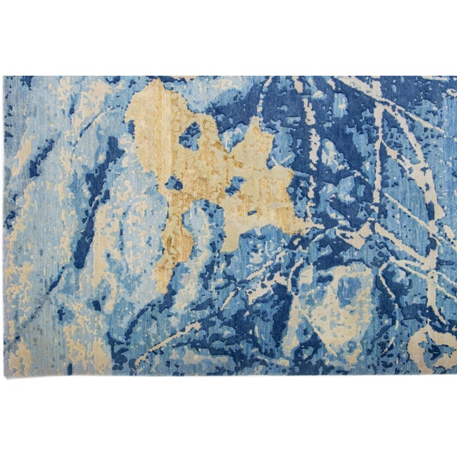 2010s Wool & Silk Modern Handmade Rug With Abstract Blue/Yellow Motif For Sale - Image 4 of 7