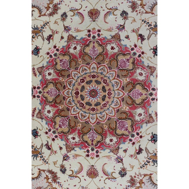 Traditional Vintage Persian Tabriz Silk Rug With Ivory Medallion With Orange 6'7 X 10'5 For Sale - Image 3 of 13