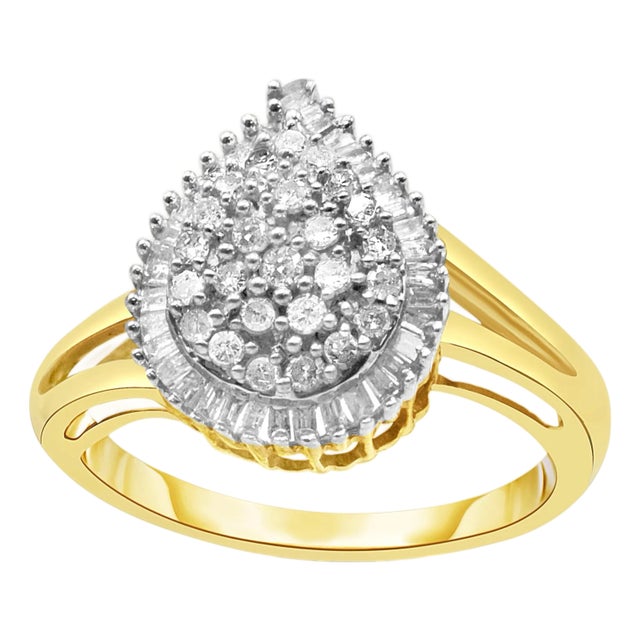 10K Yellow Gold 1/2 Cttw Round and Baguette-Cut Diamond Pear Ring, Size 7 For Sale