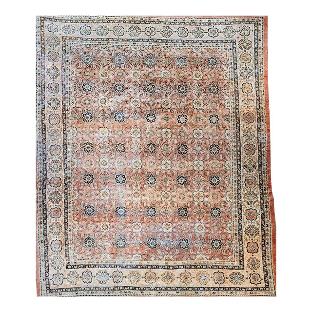 Vintage Mahal Sultanabad Rug, Hand-Knotted Wool, Geometric Pattern, 10x14, Pale Pink & Ivory For Sale