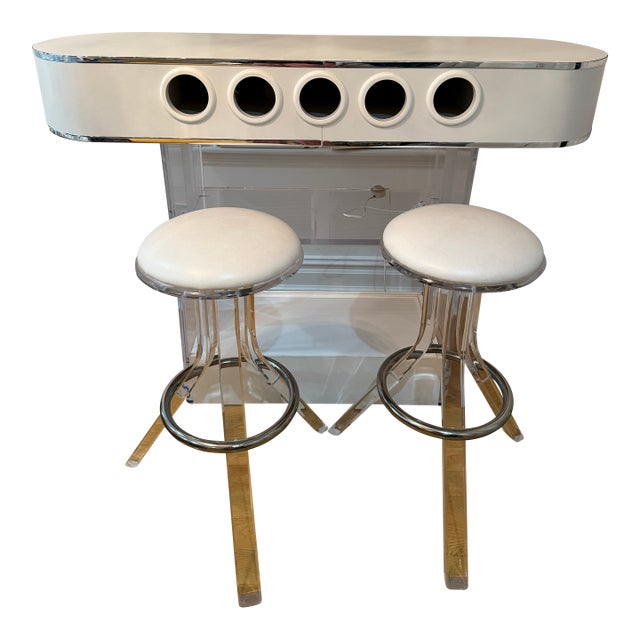 1970 Lucite White Bar With 2 Bar Stools by Hills Manufacturing Co. - Set of 3 For Sale