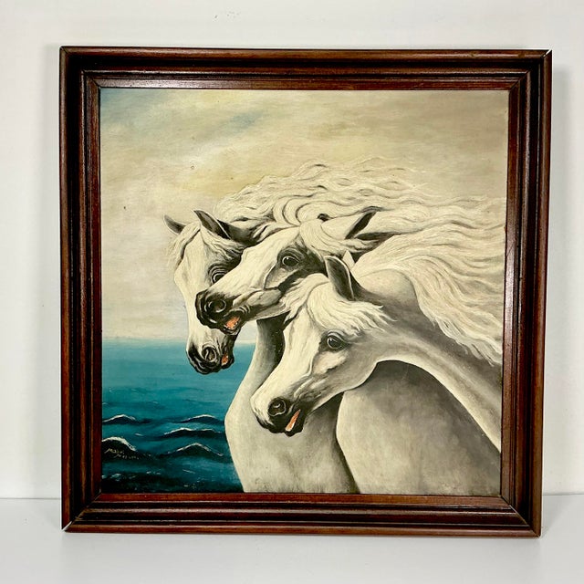 White 1940s Vintage Impressionist Mabel Mercer Original Oil Painting - Three American White Horses For Sale - Image 8 of 13