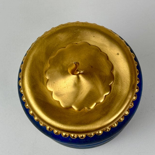 Vetri Vintage Italian Vetri Soffiati Blue Art Glass Canister With Gilded Metal Lid by CX Design For Sale - Image 4 of 10