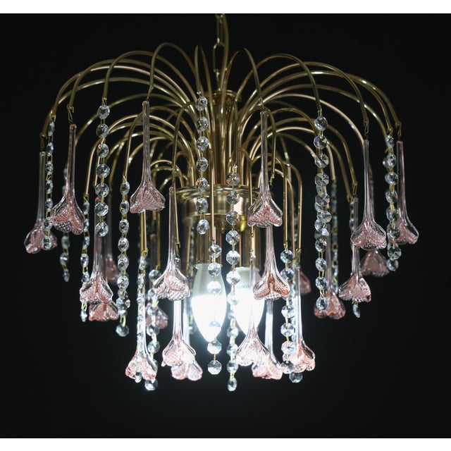 1980s Meryl Streep, Pink Murano Flowers and Crystal Drops Chandelier - Set of 2 For Sale - Image 4 of 16