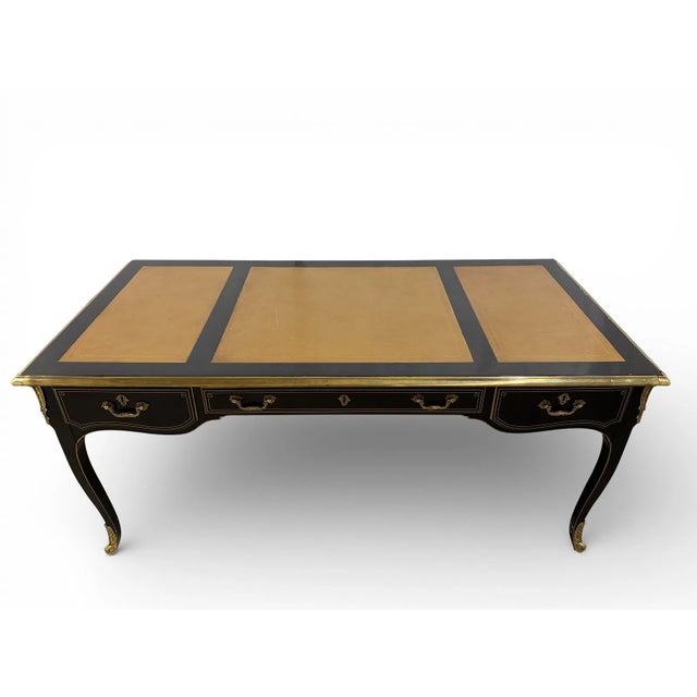 Large scale Drexel 'Grand Palais' lacquer, brass and leather writing desk. Louis XV style with with three drawers and...
