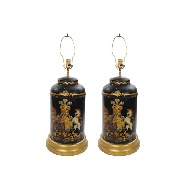 English Pair of English Late 19th-Century Black Painted Tole Canister Table Lamps For Sale - Image 3 of 14
