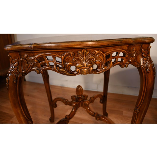 Wood 1930s French Louis XV Walnut & Satinwood Inlay Pair Side Tables / End Tables Tables For Sale - Image 7 of 14