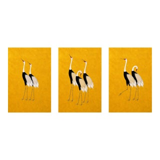 Japanese Cranes Triptych, Gold Crane Wall Art Set of 3, 40" X 60" For Sale