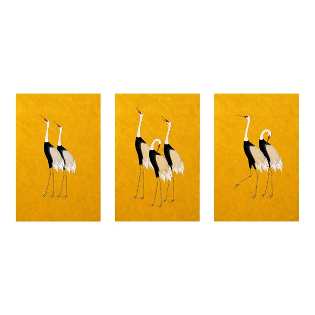 Japanese Cranes Triptych, Gold Crane Wall Art Set of 3, 40" X 60" For Sale