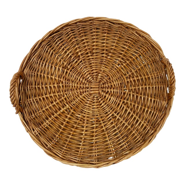 Late 20th Century Round Wicker Handled Tray For Sale