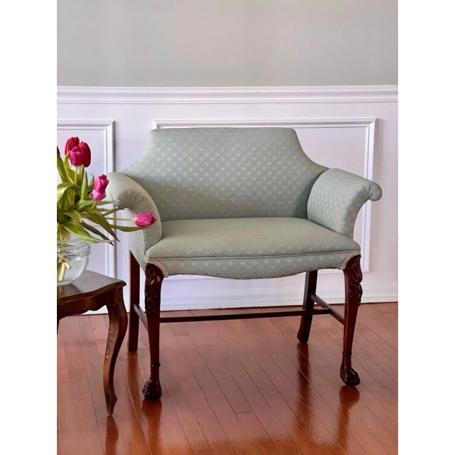 Georgian Carved Mahogany Upholstered Vanity Bench, Celadon Blue, Early 20th Century For Sale - Image 15 of 18