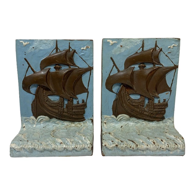 Antique 1920s Painted Bronze Clad Tall Ship Mayflower Bookends - a Pair For Sale