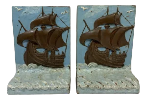 Antique 1920s Painted Bronze Clad Tall Ship Mayflower Bookends - a Pair