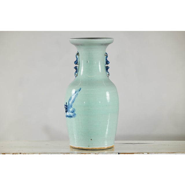 Chinese Blue and White Porcelain Altar Vase With Immortal Figures and Celadon Tint For Sale - Image 11 of 18