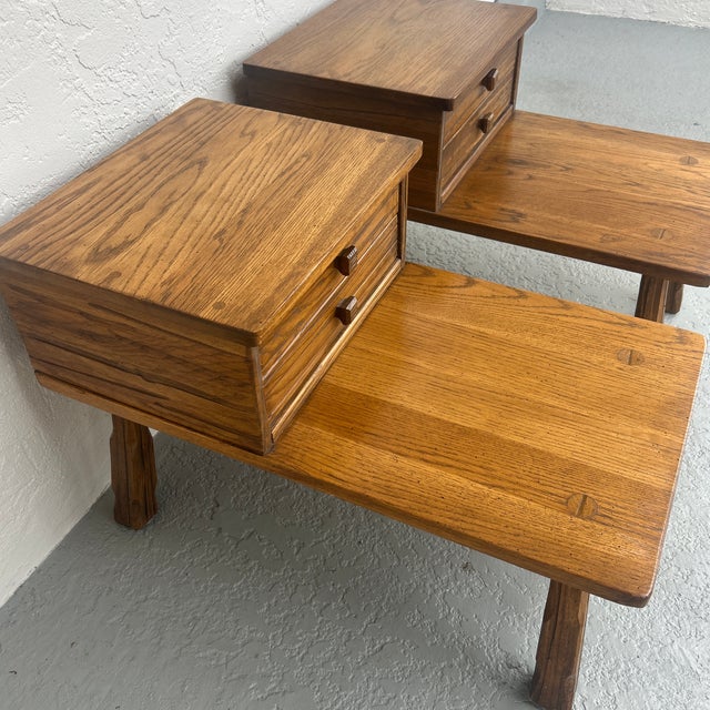 Vintage Brandt Furniture Ranch Oak Step Tables With Draws For Sale In Naples, FL - Image 6 of 11