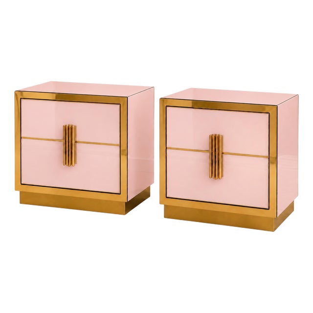 Italian Blush Pink Glass and Brass Nightstands from Justfurnituress SRL, Set of 2 For Sale