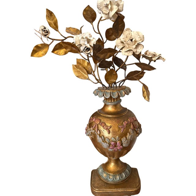 Italian Antique Italian Gilded Wood Middle Urns With Metal Flowers- A Pair For Sale - Image 3 of 7