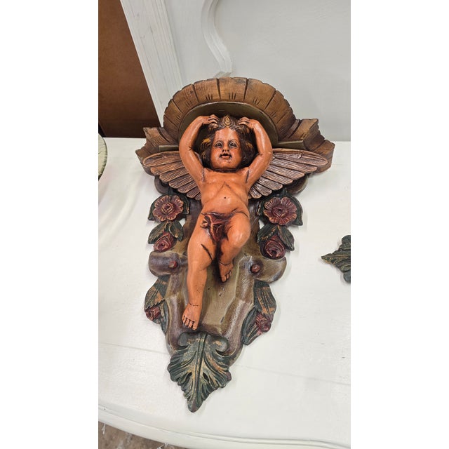 Vintage Italian Carved Wood Cherub Wall Sconces a Pair For Sale - Image 12 of 12