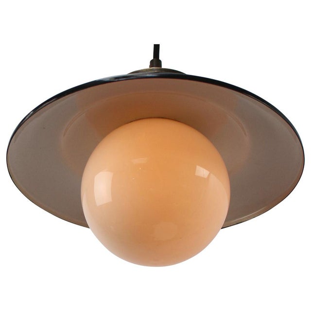1950s Vintage Black Enamel, Opaline Glass, Porcelain & Brass Pendant Lamp For Sale - Image 5 of 7