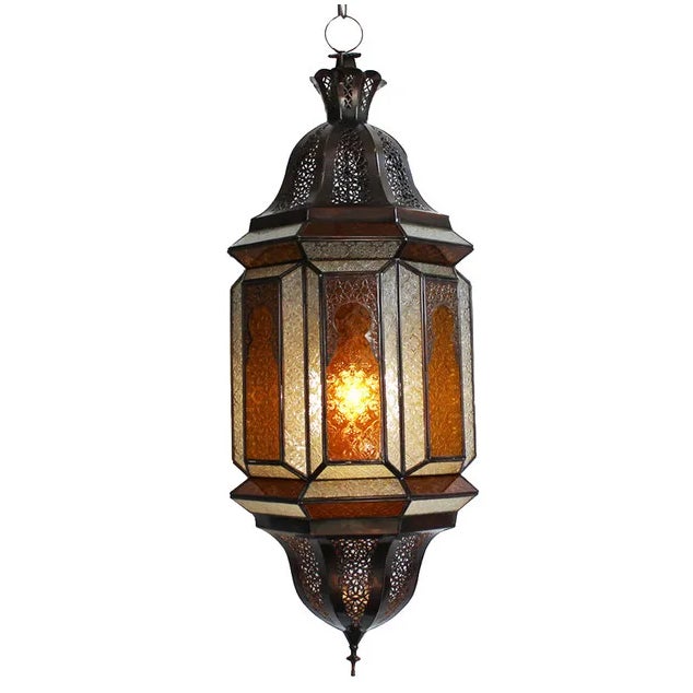 Vintage Amber Glass & Metal Moroccan Pendant Light For Sale
