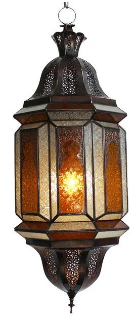 Vintage Amber Glass & Metal Moroccan Pendant Light
