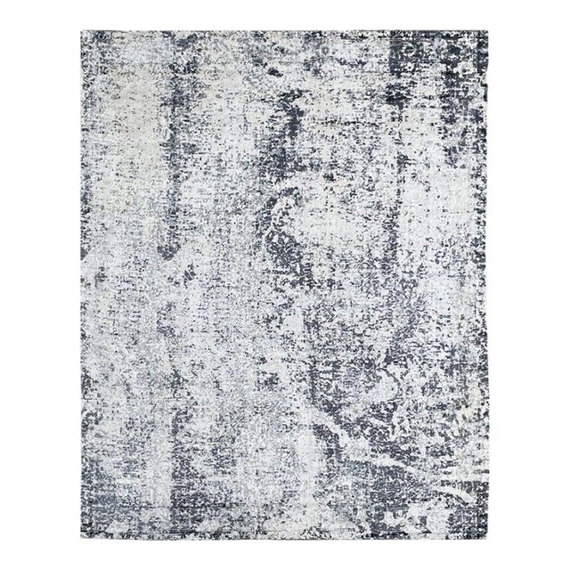 7x9 Ivory Hand-Knotted Wool Pixelated Distressed Abstract Modern Carpet Rug For Sale